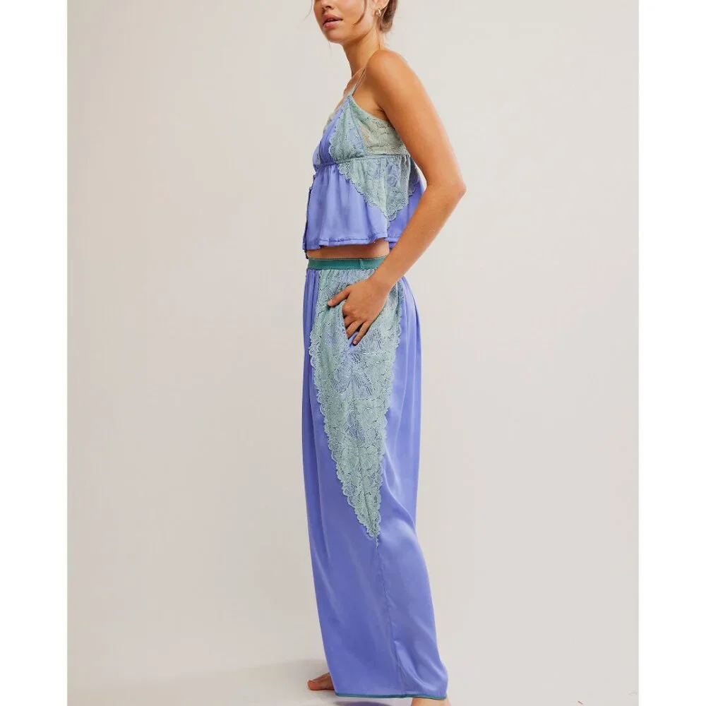 NWOT Free People Lavender Satin Lace-Trim Pajama Set with Mint Accents - Picture 2 of 10